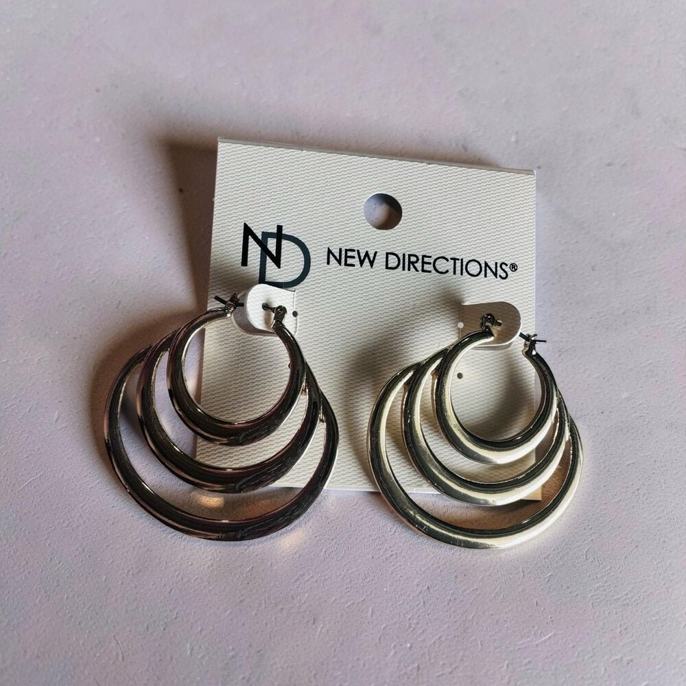 New Directions Triple Layer Hoop Earrings Womens Silver Tone Multi Hoop NWT